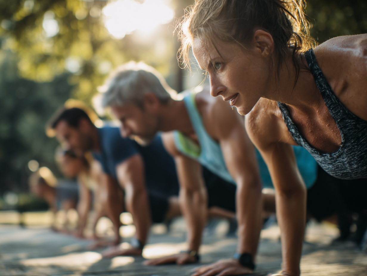 Skupina ľudí cvičiacich vonku