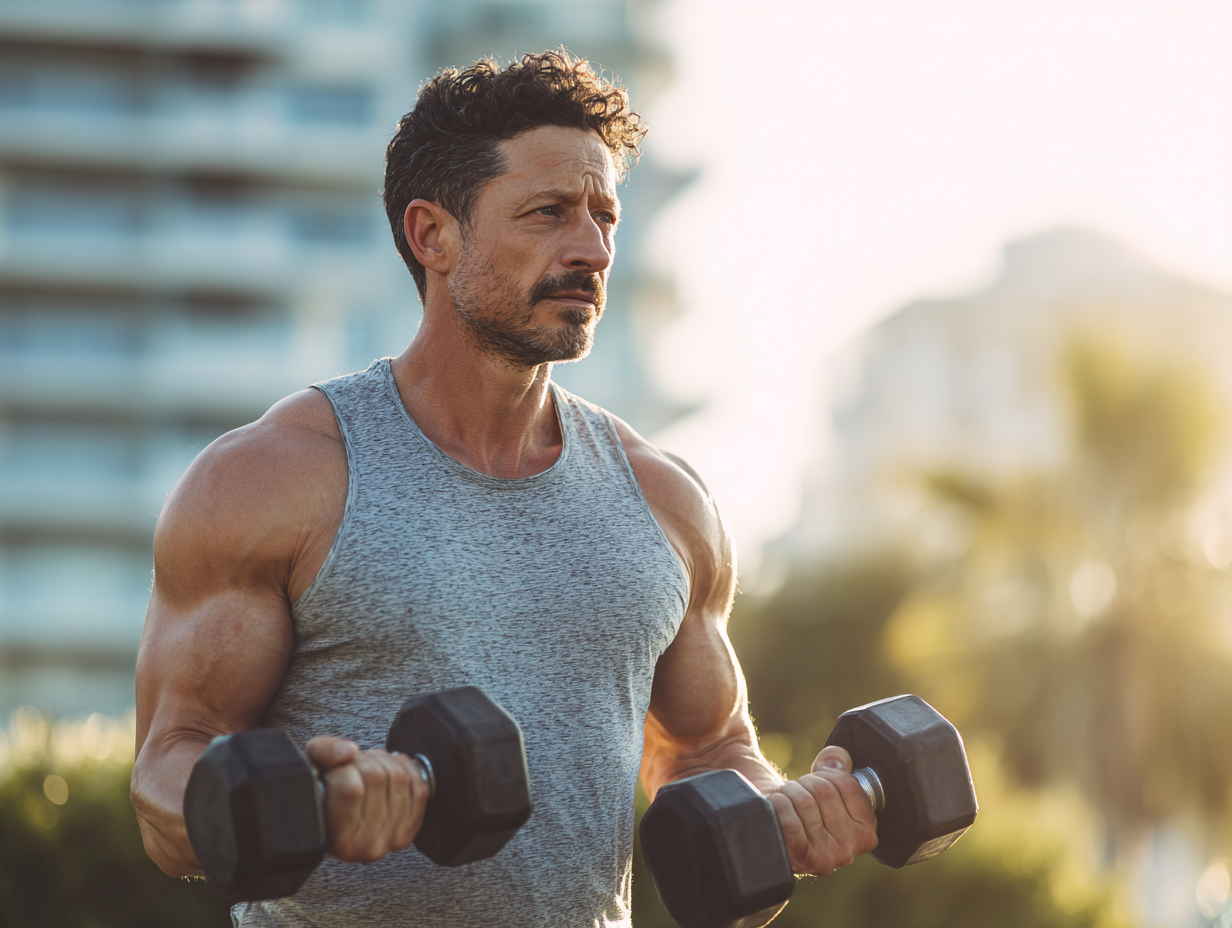 Človek cvičiaci s činkami